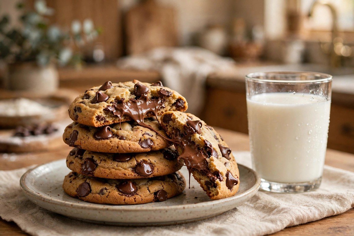 Stack of chocolate chip cookies with melted chocolate chips, one broken open showing a soft center, glass of milk beside