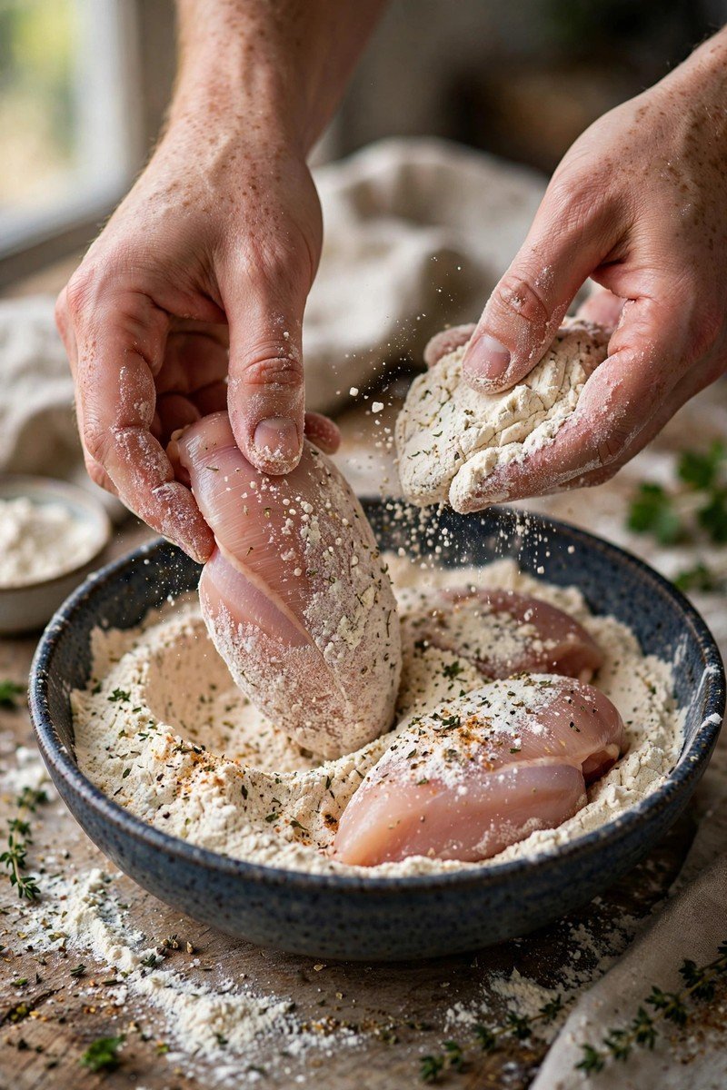 Chicken pieces being coated in seasoned flour mixture in a shallow dish