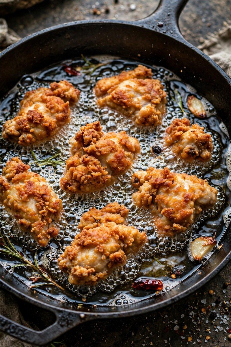 Chicken pieces frying in hot oil in a cast iron skillet, turning golden brown