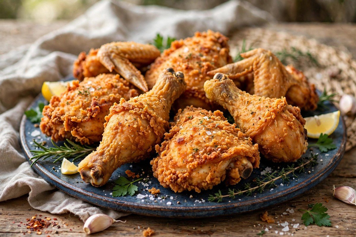 Crispy golden Southern fried chicken pieces on a wire rack, juicy and crunchy