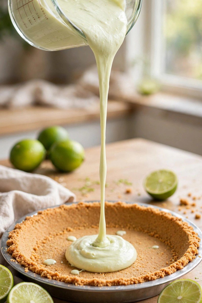 Pale green creamy key lime filling being poured into a graham cracker crust
