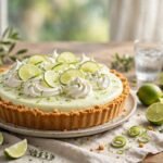 Creamy key lime pie with pale green filling, whipped cream swirls, lime zest and thin lime slices on a graham cracker crust