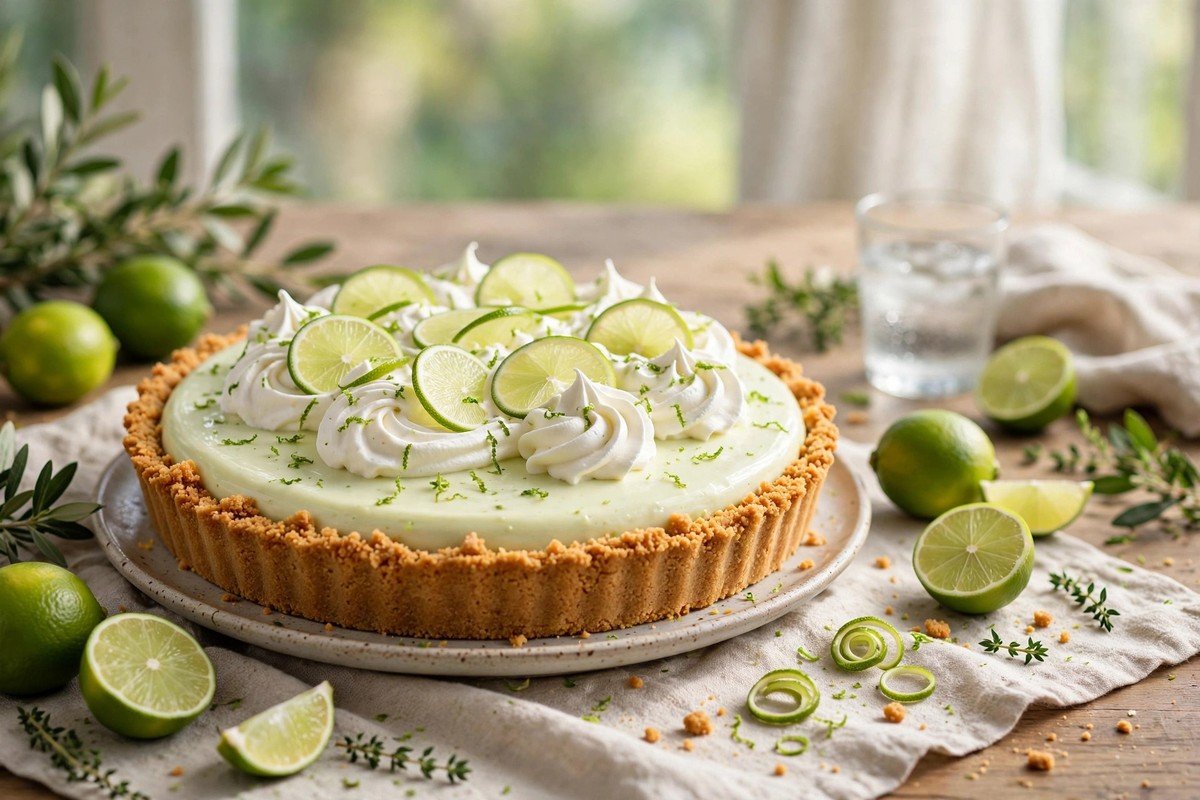 Creamy key lime pie with pale green filling, whipped cream swirls, lime zest and thin lime slices on a graham cracker crust