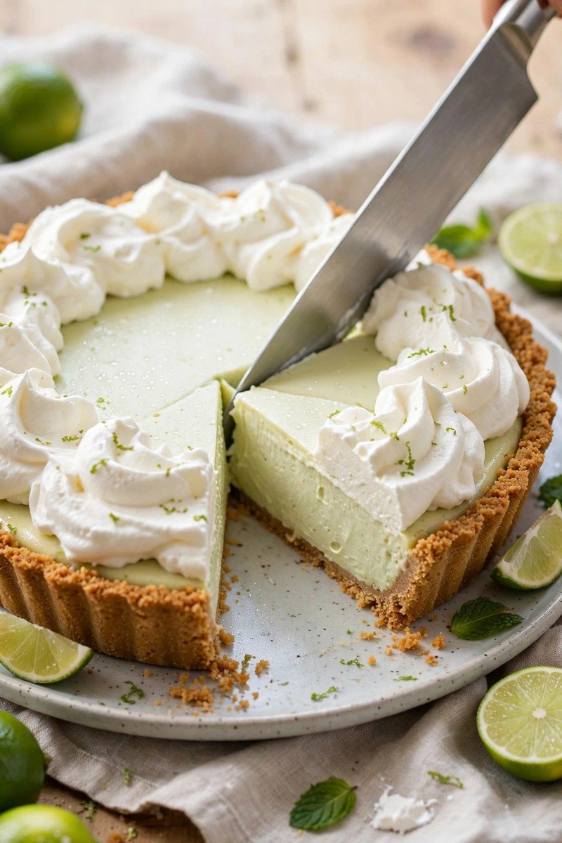 Chilled key lime pie topped with whipped cream being sliced, clean creamy pale-green slice