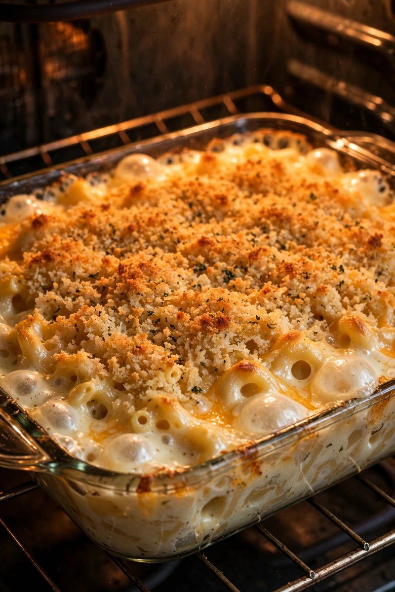 Mac and cheese baking in the oven with bubbling cheese and a golden topping