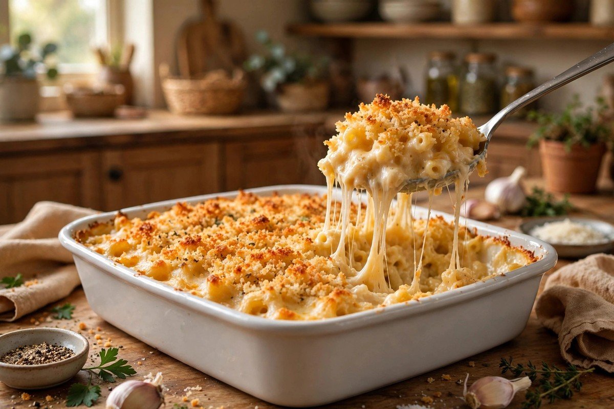 Creamy baked mac and cheese with a golden crispy breadcrumb topping in a white dish