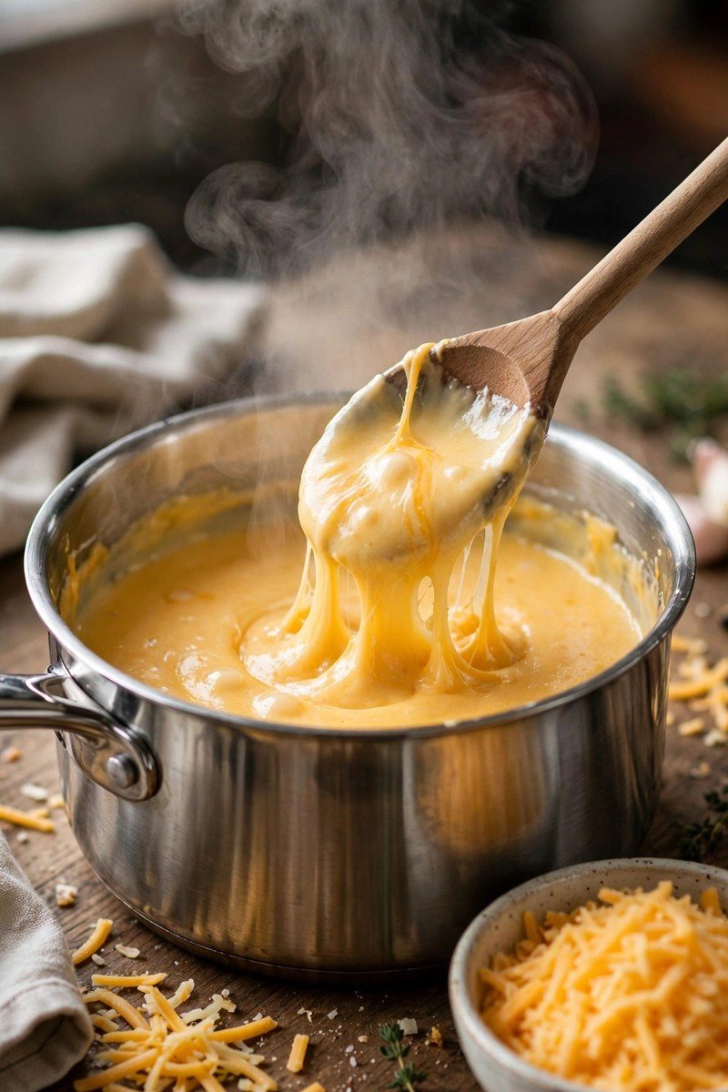 Creamy cheese sauce being stirred in a saucepan with melted cheddar stretching from the spoon