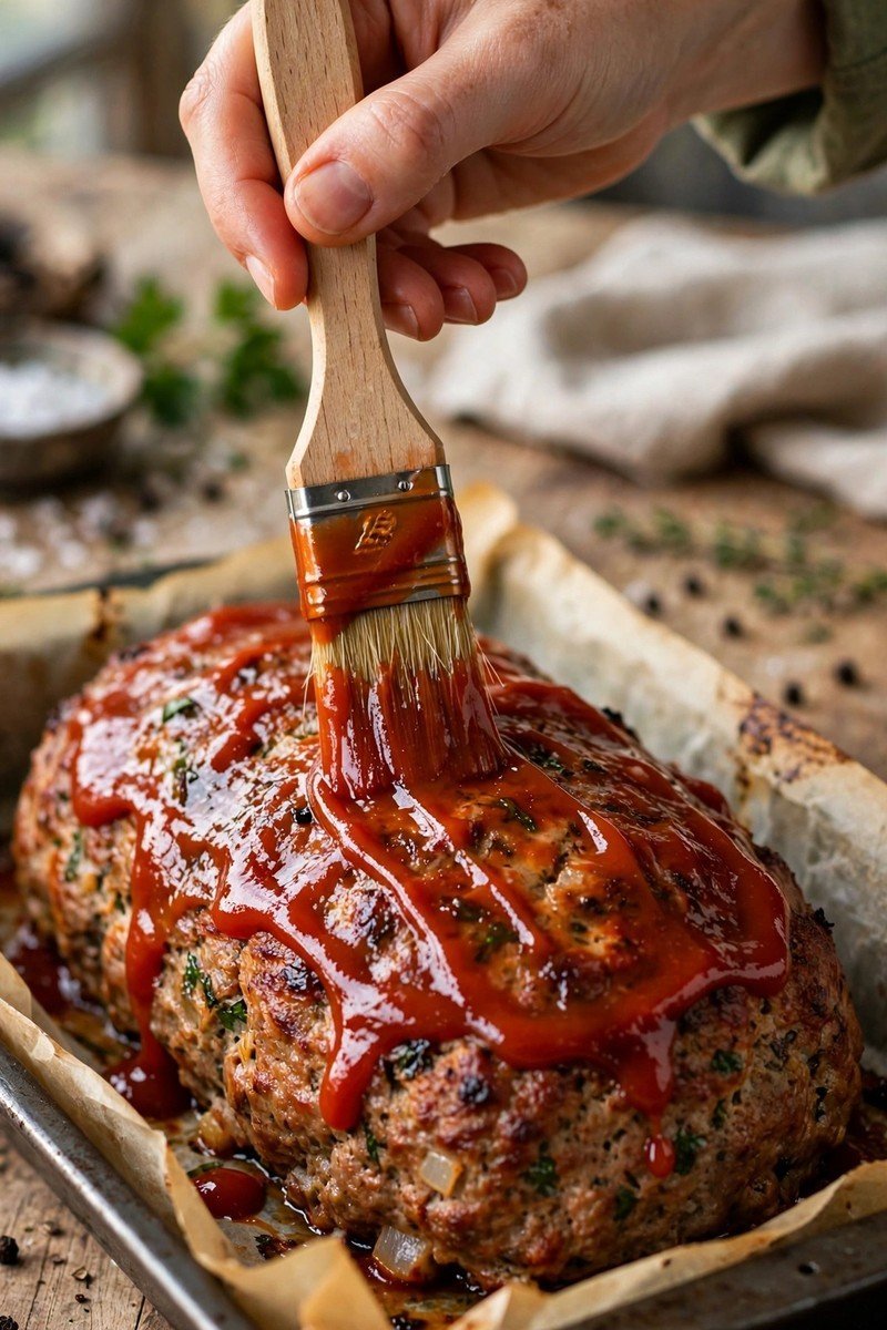 Sweet ketchup glaze being brushed over a shaped meatloaf before baking