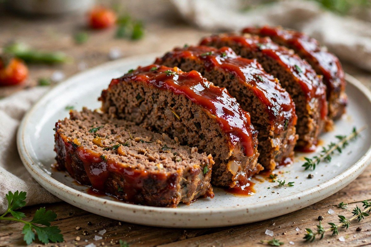 Sliced classic meatloaf with sweet sticky glaze on top, served on a plate