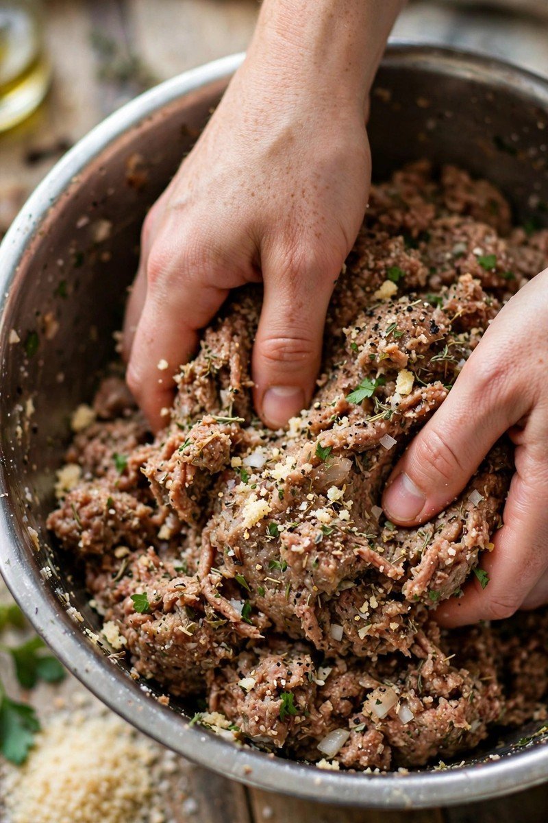 Hands mixing ground beef with breadcrumbs and seasonings in a large bowl