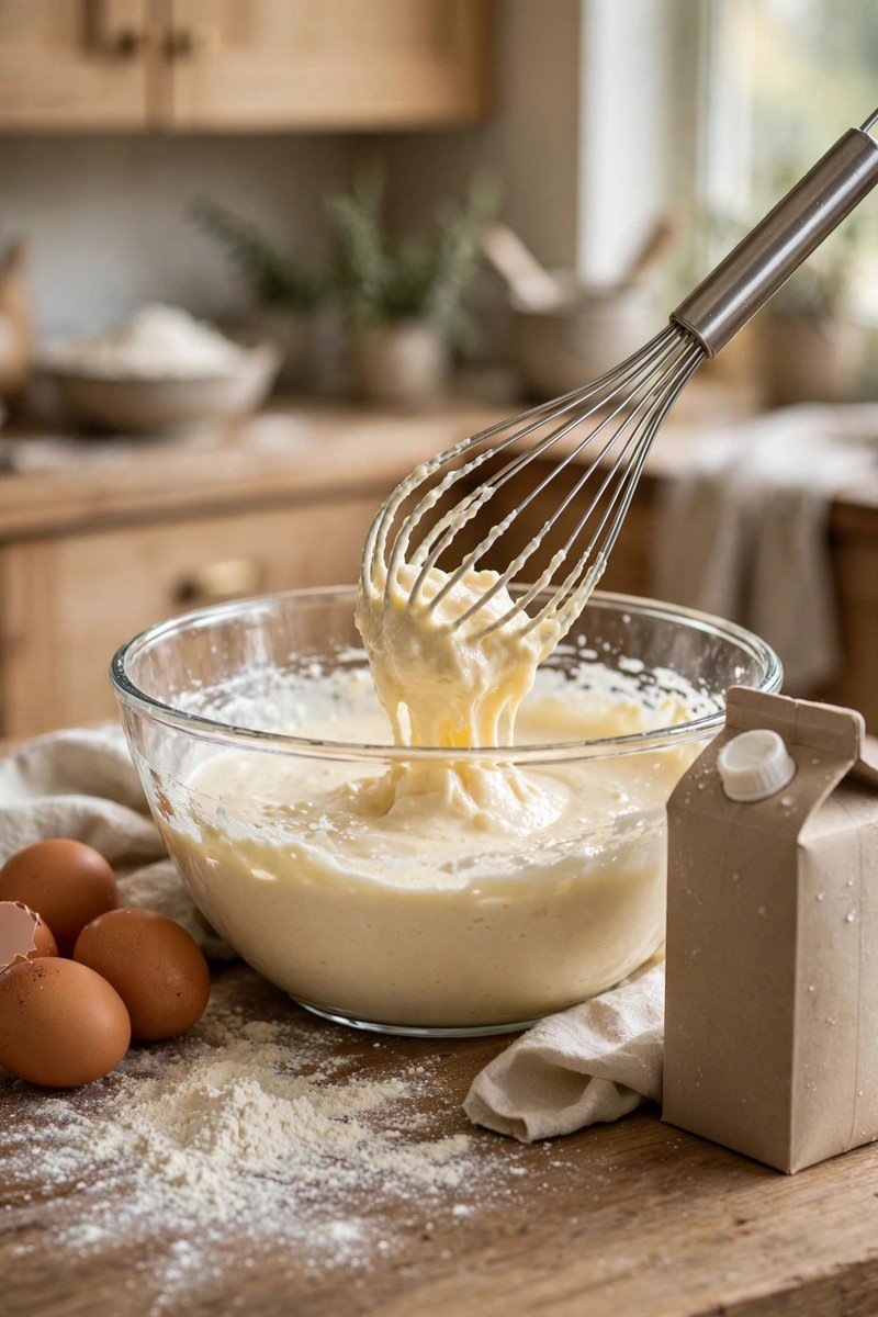 Buttermilk pancake batter being whisked in a bowl with flour, eggs and buttermilk nearby