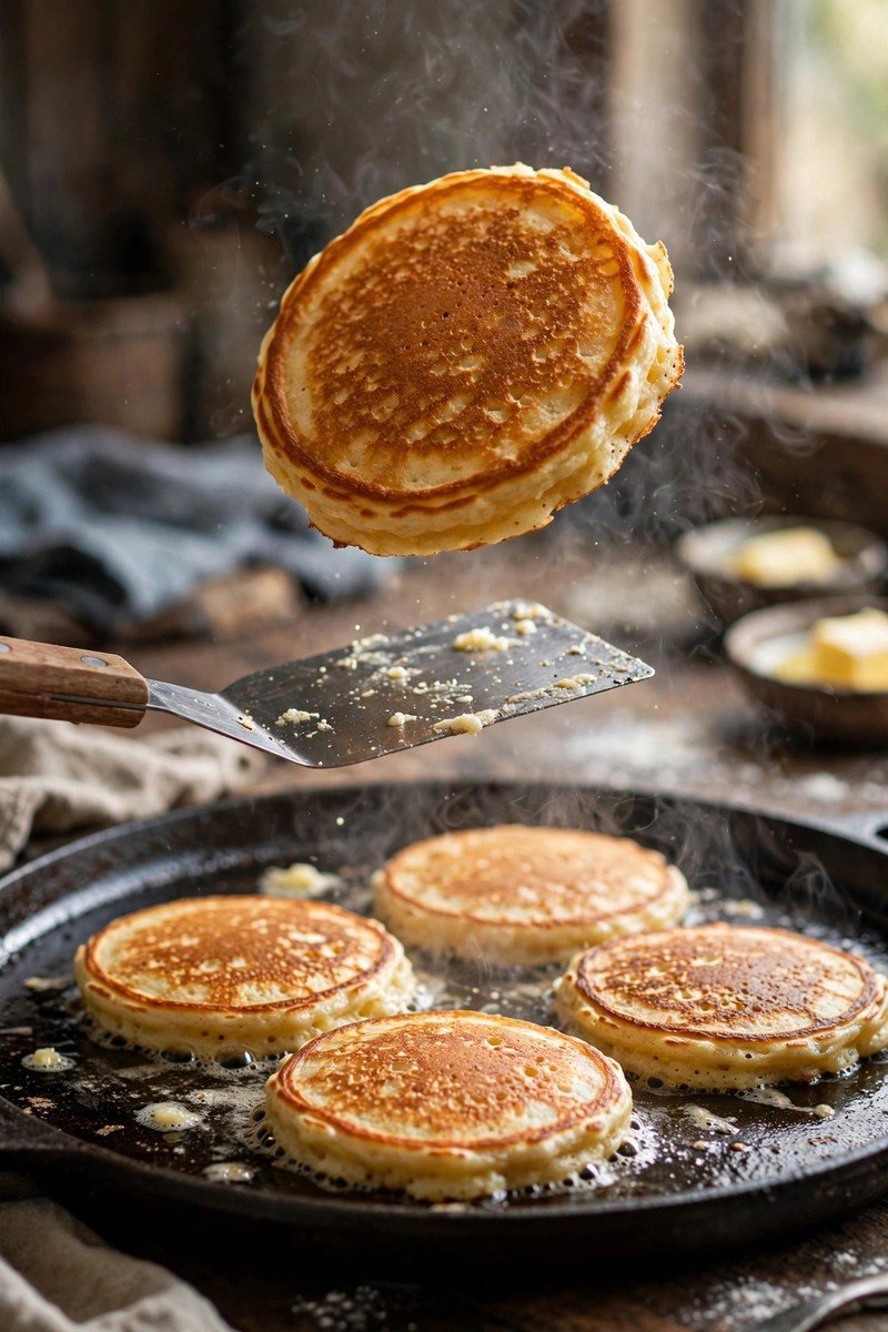 Golden pancake being flipped on a hot griddle with steam rising