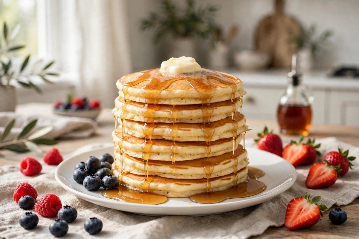 Stack of fluffy buttermilk pancakes with melting butter and maple syrup dripping down