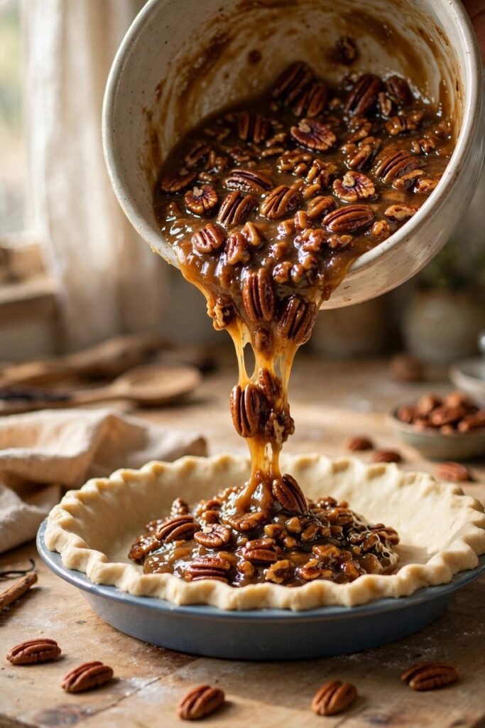Gooey pecan pie filling being poured from a mixing bowl into an unbaked pie crust