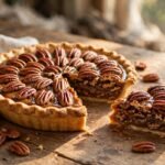 Classic pecan pie with glossy caramel filling and toasted pecan halves arranged on top, one slice cut