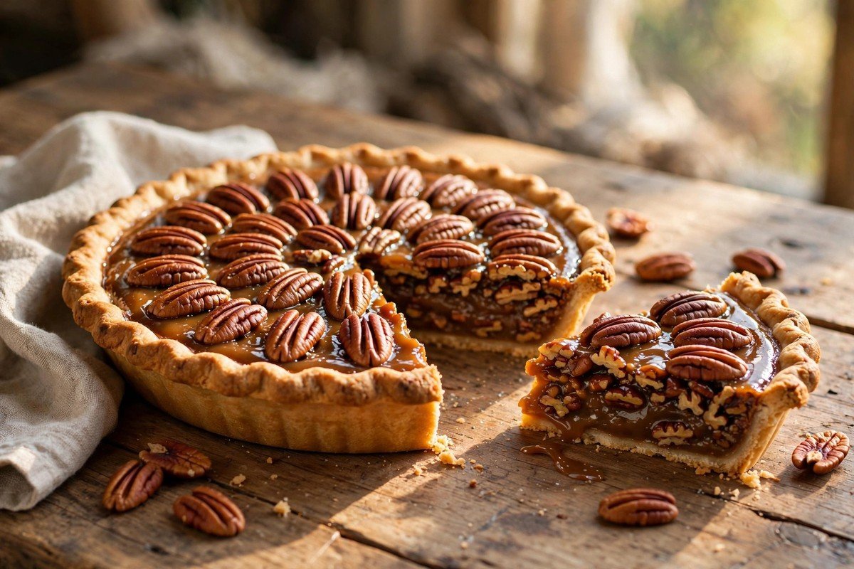 Classic pecan pie with glossy caramel filling and toasted pecan halves arranged on top, one slice cut