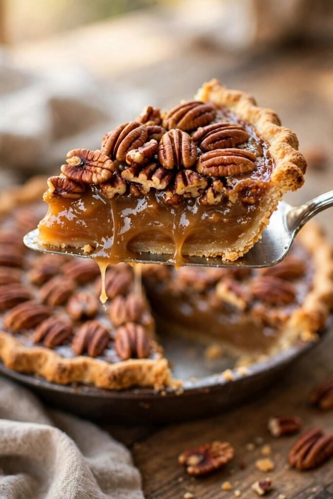 Slice of pecan pie being lifted with a pie server, showing gooey caramel filling