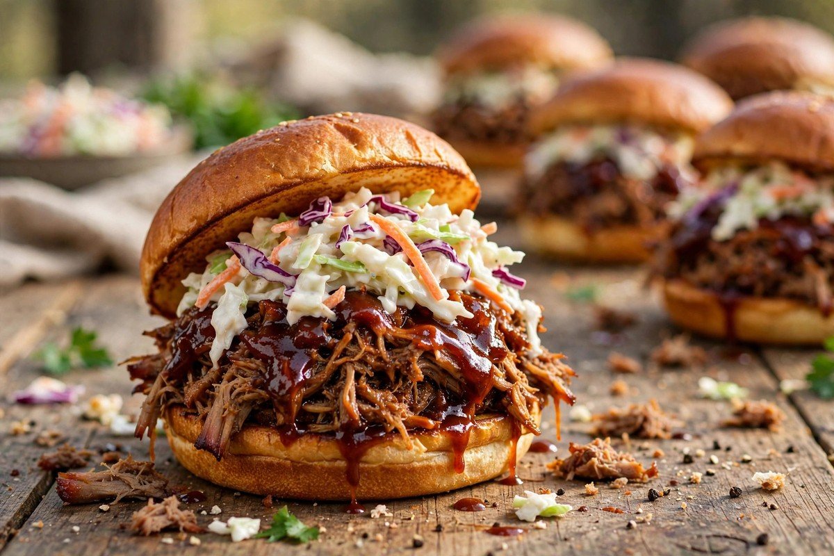 BBQ pulled pork piled high on a toasted bun with coleslaw