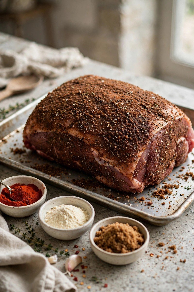Pork shoulder coated in brown sugar and spice dry rub