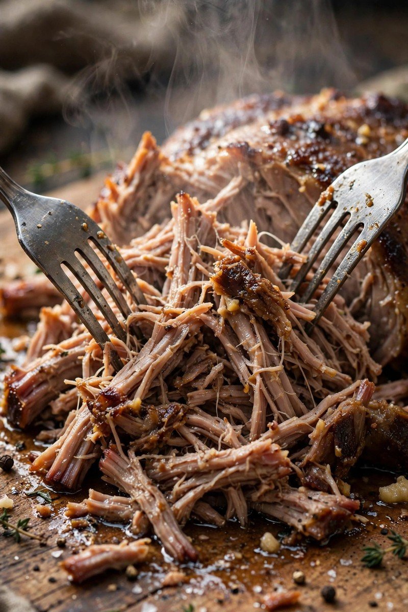 Tender pulled pork being shredded with two forks, steam rising