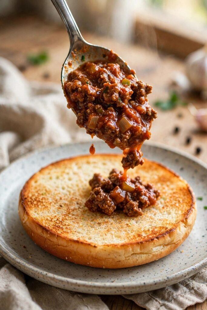 Spooning saucy sloppy joe meat onto the bottom half of a toasted hamburger bun