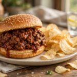 Classic sloppy joe sandwich with saucy ground beef piled high on a toasted sesame bun, served with potato chips