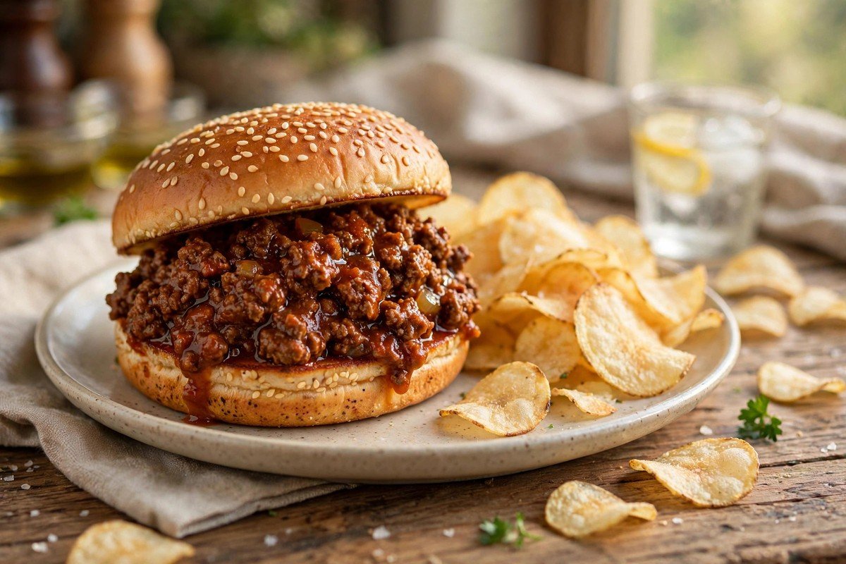 Classic sloppy joe sandwich with saucy ground beef piled high on a toasted sesame bun, served with potato chips