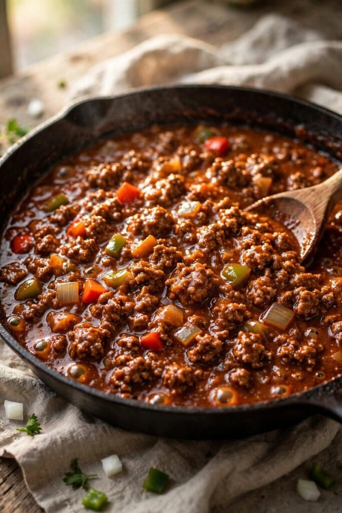 Sloppy joe meat sauce simmering in a skillet, thick and glossy with onions and peppers